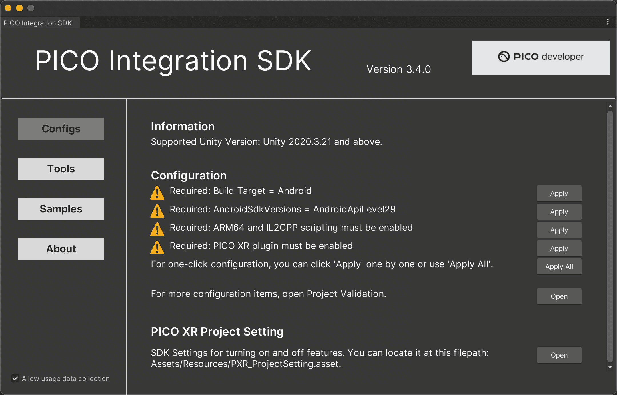 4. Complete project configuration | PICO Developer
